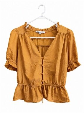 Haute Monde Mustard Short-Sleeve Button Front Peplum Blouse